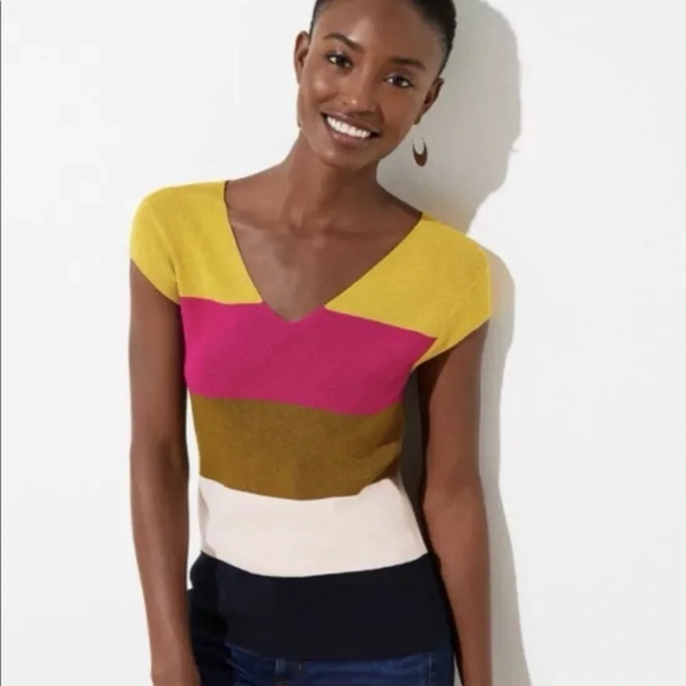LOFT Ribbed Colorbock Capsleeved Sweater Top Size L